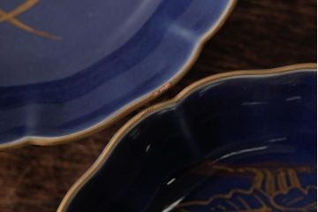 アンティーク雑貨　江戸期　古伊万里　瑠璃釉金彩花文なます皿2枚(中皿、和食器)(R-042825)
