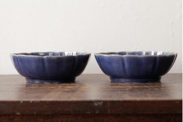 アンティーク雑貨　江戸期　古伊万里　瑠璃釉金彩花文なます皿2枚(中皿、和食器)(R-042825)