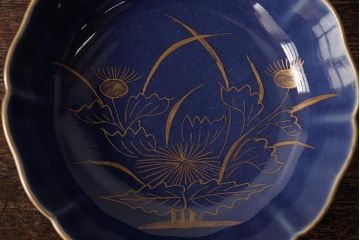 アンティーク雑貨　江戸期　古伊万里　瑠璃釉金彩花文なます皿2枚(中皿、和食器)(R-042825)
