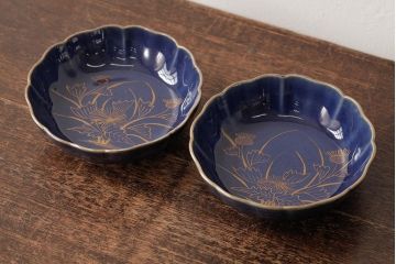 アンティーク雑貨　江戸期　古伊万里　瑠璃釉金彩花文なます皿2枚(中皿、和食器)(R-042826)