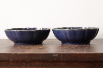 アンティーク雑貨　江戸期　古伊万里　瑠璃釉金彩花文なます皿2枚(中皿、和食器)(R-042826)