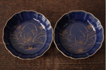 アンティーク雑貨　江戸期　古伊万里　瑠璃釉金彩花文なます皿2枚(中皿、和食器)(R-042826)