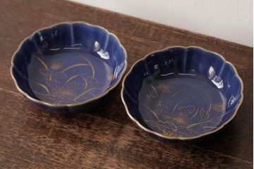 アンティーク雑貨　江戸期　古伊万里　瑠璃釉金彩花文なます皿2枚(中皿、和食器)(R-042828)