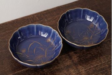 アンティーク雑貨　江戸期　古伊万里　瑠璃釉金彩花文なます皿2枚(中皿、和食器)(R-042828)