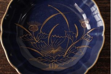 アンティーク雑貨　江戸期　古伊万里　瑠璃釉金彩花文なます皿3枚(中皿、和食器)(R-042829)