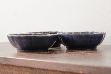 アンティーク雑貨　江戸期　古伊万里　瑠璃釉金彩花文なます皿3枚(中皿、和食器)(R-042829)