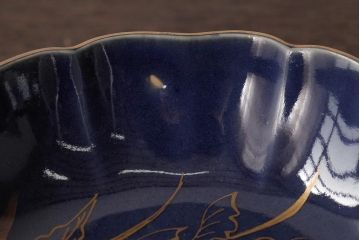 アンティーク雑貨　江戸期　古伊万里　瑠璃釉金彩花文なます皿3枚(中皿、和食器)(R-042829)