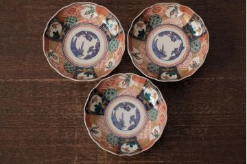 アンティーク雑貨　明治期　伊万里焼　金彩色絵なます皿3枚(中皿、和食器)(R-042831)