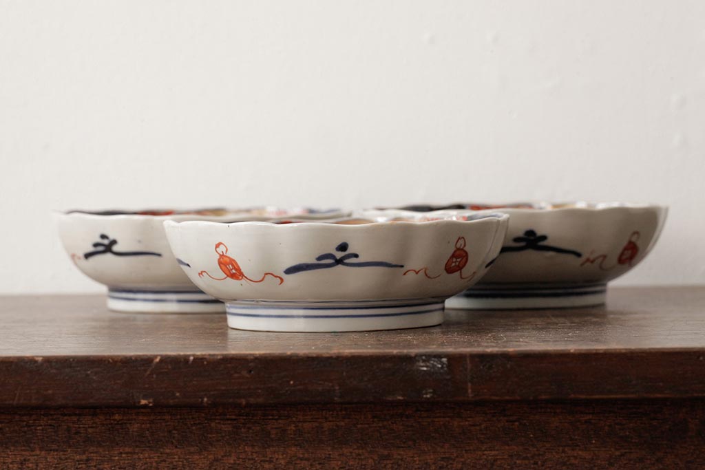 アンティーク雑貨　明治期　伊万里焼　金彩色絵なます皿3枚(中皿、和食器)(R-042832)