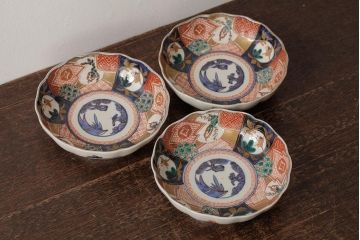 アンティーク雑貨　明治期　伊万里焼　金彩色絵なます皿3枚(中皿、和食器)(R-042832)