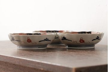 アンティーク雑貨　明治期　伊万里焼　金彩色絵なます皿3枚(中皿、和食器)(R-042832)