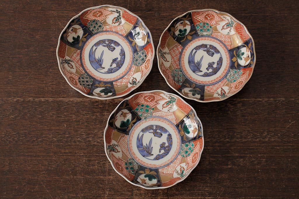 アンティーク雑貨　明治期　伊万里焼　金彩色絵なます皿3枚(中皿、和食器)(R-042832)
