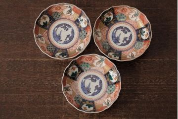アンティーク雑貨　明治期　伊万里焼　金彩色絵なます皿3枚(中皿、和食器)(R-042832)