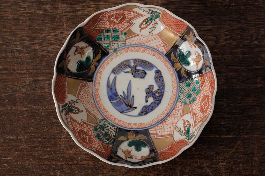 アンティーク雑貨　明治期　伊万里焼　金彩色絵なます皿3枚(中皿、和食器)(R-042832)