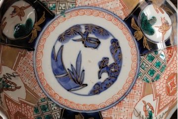 アンティーク雑貨　明治期　伊万里焼　金彩色絵なます皿3枚(中皿、和食器)(R-042832)