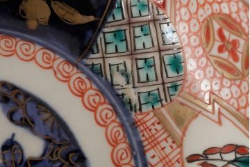 アンティーク雑貨　明治期　伊万里焼　金彩色絵なます皿3枚(中皿、和食器)(R-042832)