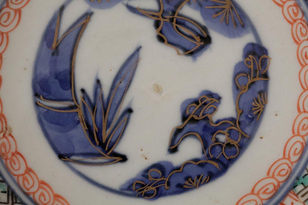 アンティーク雑貨　明治期　伊万里焼　金彩色絵なます皿3枚(中皿、和食器)(R-042832)