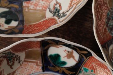 アンティーク雑貨　明治期　伊万里焼　金彩色絵なます皿3枚(中皿、和食器)(R-042832)