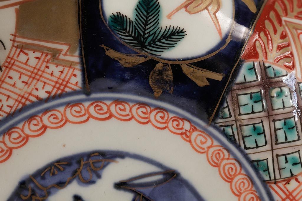 アンティーク雑貨　明治期　伊万里焼　金彩色絵なます皿3枚(中皿、和食器)(R-042832)