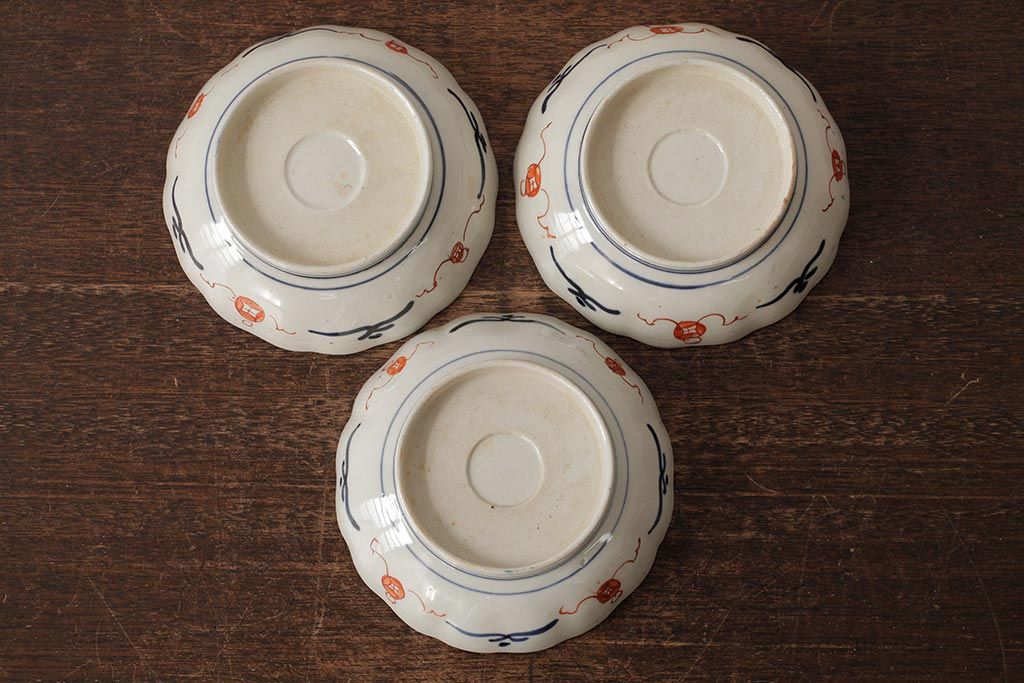 アンティーク雑貨　明治期　伊万里焼　金彩色絵なます皿3枚(中皿、和食器)(R-042832)