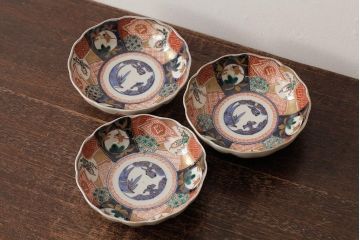 アンティーク雑貨　明治期　伊万里焼　金彩色絵なます皿3枚(中皿、和食器)(R-042832)
