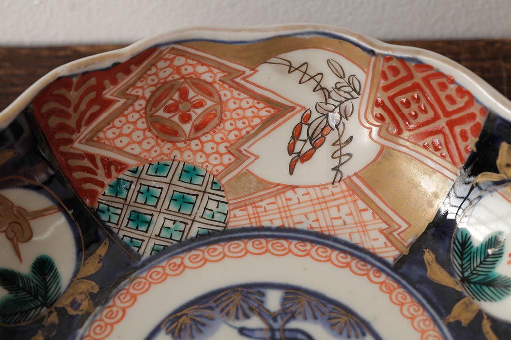 アンティーク雑貨　明治期　伊万里焼　金彩色絵なます皿3枚(中皿、和食器)(R-042833)