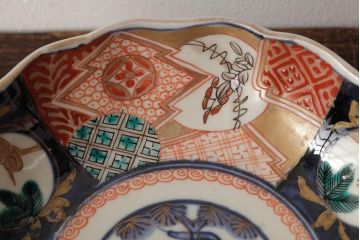 アンティーク雑貨　明治期　伊万里焼　金彩色絵なます皿3枚(中皿、和食器)(R-042833)