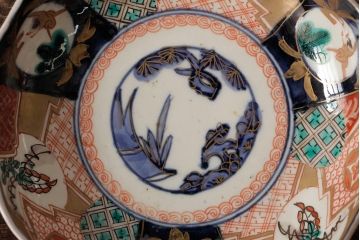 アンティーク雑貨　明治期　伊万里焼　金彩色絵なます皿3枚(中皿、和食器)(R-042833)