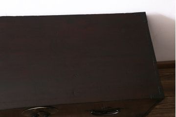 アンティーク家具　前面ケヤキ材　鉄脚リメイク　竹に雀　漆塗りがきれいな二本松箪笥ローボード(リビングボード、テレビボード)(R-042839)