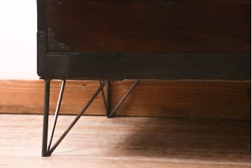 アンティーク家具　前面ケヤキ材　鉄脚リメイク　竹に雀　漆塗りがきれいな二本松箪笥ローボード(リビングボード、テレビボード)(R-042839)