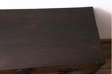 アンティーク家具　前面ケヤキ材　鉄脚リメイク　竹に雀　漆塗りがきれいな二本松箪笥ローボード(リビングボード、テレビボード)(R-042840)
