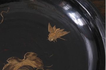 アンティーク雑貨　明治大正期　葡萄に蝿　蒔絵　木製菓子皿(漆器)(R-042864)
