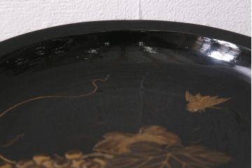 アンティーク雑貨　明治大正期　葡萄に蝿　蒔絵　木製菓子皿(漆器)(R-042864)