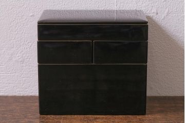 古民具・骨董　明治大正期　黒漆塗り　野弁当箱　お箸付(漆器)(R-042869)
