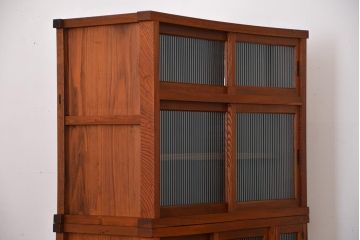 和製アンティーク　昭和初期　ケヤキ材　モールガラス　昭和レトロな雰囲気漂う重ね水屋箪笥(食器棚、カップボード、収納棚、リビングボード)(R-042873)