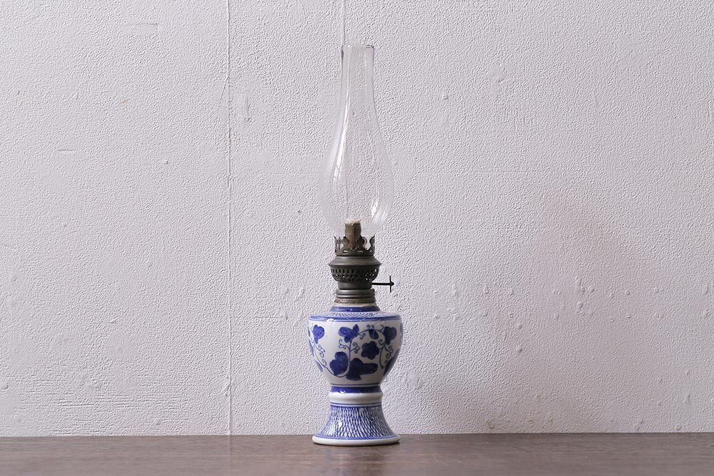 アンティーク雑貨　大正昭和初期　巻き芯38ミリ　和モダンな雰囲気漂うオイルランプ(灯油ランプ)(R-042880)