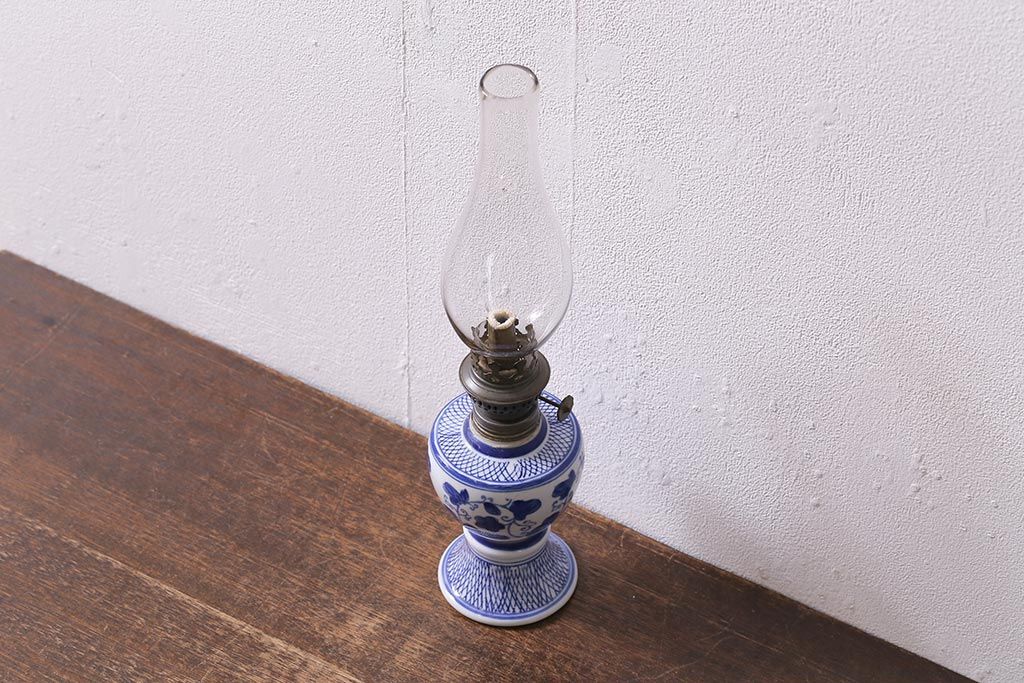 アンティーク雑貨　大正昭和初期　巻き芯38ミリ　和モダンな雰囲気漂うオイルランプ(灯油ランプ)(R-042880)