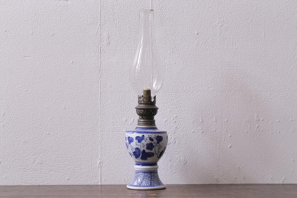 アンティーク雑貨　大正昭和初期　巻き芯38ミリ　和モダンな雰囲気漂うオイルランプ(灯油ランプ)(R-042880)