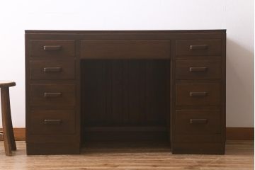 アンティーク家具　レトロ家具　ナラ材　薄型　ノスタルジックな雰囲気の両袖デスク(机、在宅ワーク、在宅用両袖机、在宅ワーク、在宅用ワークデスク、勉強机)(R-042886)