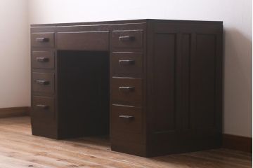 アンティーク家具　レトロ家具　ナラ材　薄型　ノスタルジックな雰囲気の両袖デスク(机、在宅ワーク、在宅用両袖机、在宅ワーク、在宅用ワークデスク、勉強机)(R-042886)
