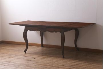 アンティーク家具　フランスアンティーク　オーク材　パーケット天板のドローリーフテーブル(エクステンションテーブル、ダイニングテーブル)(R-042889)