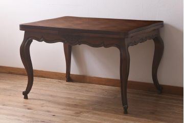 アンティーク家具　フランスアンティーク　オーク材　パーケット天板のドローリーフテーブル(エクステンションテーブル、ダイニングテーブル)(R-042889)