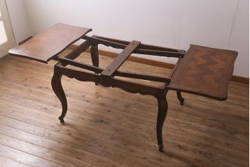アンティーク家具　フランスアンティーク　オーク材　パーケット天板のドローリーフテーブル(エクステンションテーブル、ダイニングテーブル)(R-042889)