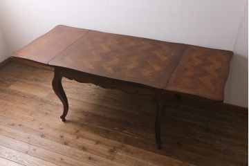 アンティーク家具　フランスアンティーク　オーク材　パーケット天板のドローリーフテーブル(エクステンションテーブル、ダイニングテーブル)(R-042889)