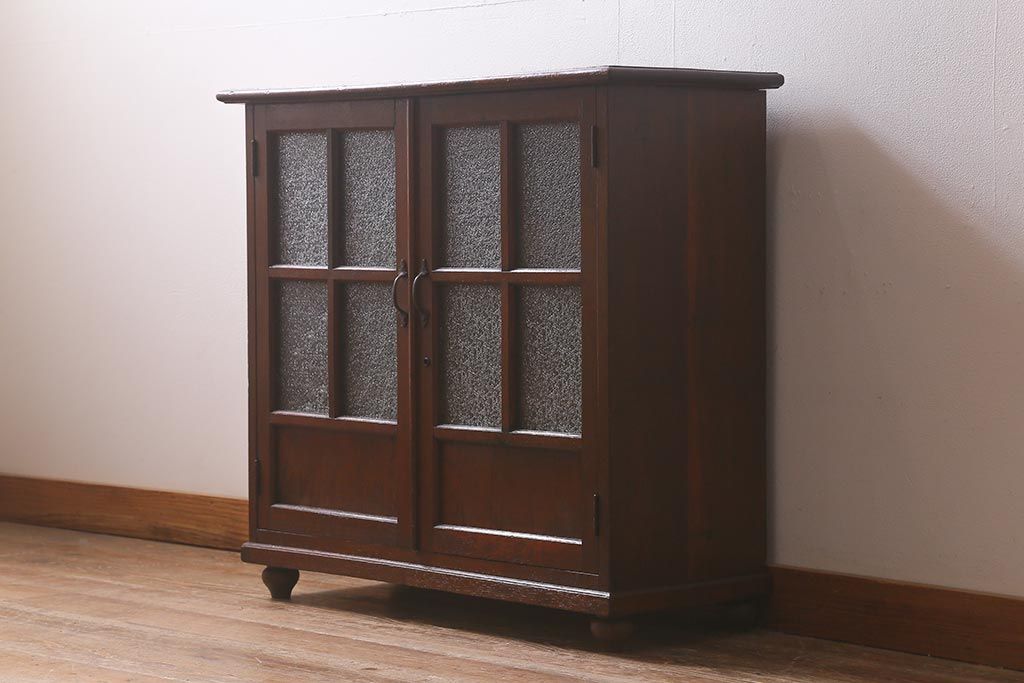 アンティーク　ダイアガラス　両開き棚　収納棚　ナラ材　古家具　レトロ　書棚 アンティーク ダイアガラス 両開き棚 収納棚 ナラ材 古家具