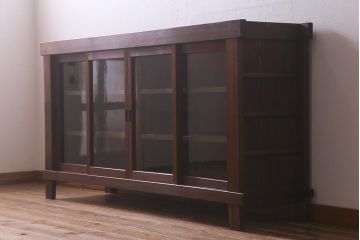 アンティーク家具　脚付きリメイク　ヒノキ材　4枚引き戸の6尺水屋サイドボード(水屋箪笥、戸棚、収納棚)(R-042906)