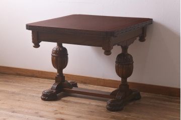 アンティーク家具　イギリスアンティーク　上手物!　オーク材　華やかなバルボスレッグのドローリーフテーブル(エクステンションテーブル、ダイニングテーブル)(R-042908)