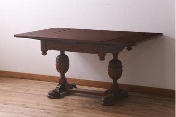 アンティーク家具　イギリスアンティーク　上手物!　オーク材　華やかなバルボスレッグのドローリーフテーブル(エクステンションテーブル、ダイニングテーブル)(R-042908)