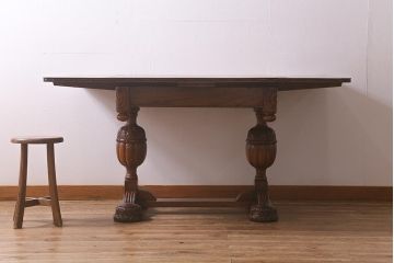 アンティーク家具　イギリスアンティーク　上手物!　オーク材　華やかなバルボスレッグのドローリーフテーブル(エクステンションテーブル、ダイニングテーブル)(R-042908)