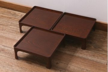 アンティーク雑貨　総ケヤキ材　杢目と漆塗りが美しいお膳3客セット(お盆)(R-042930)